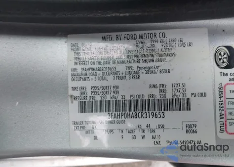 2012 Ford Fusion Se z USA, uszkodzony, nr VIN 3FAHP0HA8CR319653